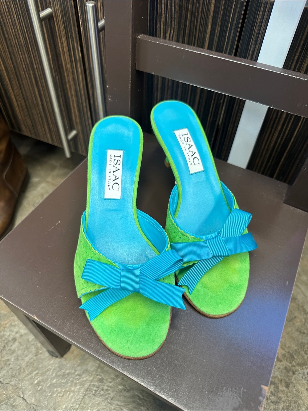Isaac Mizrahi Lime Green Suede Slide Sandals with Teal Bow